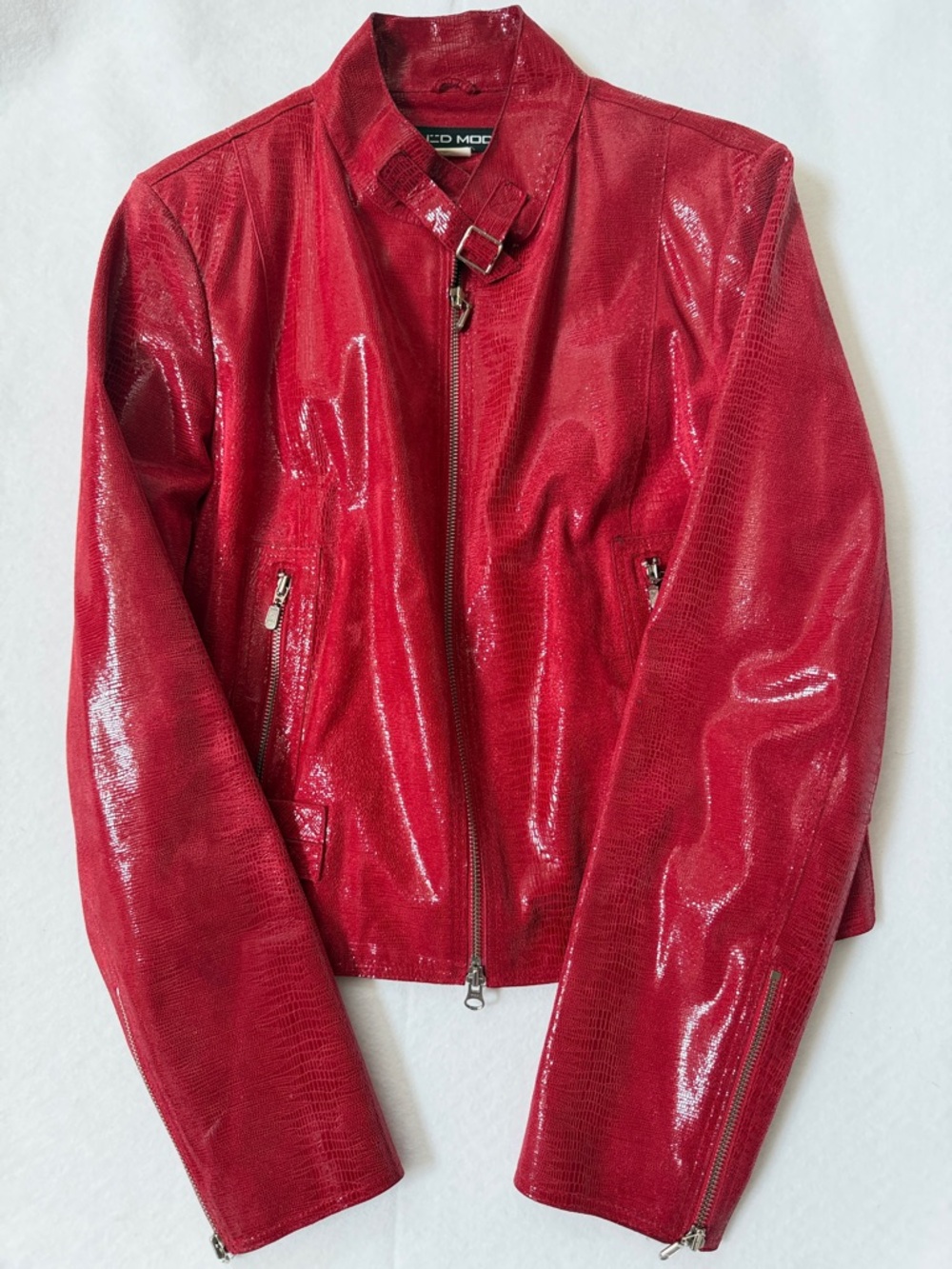 Y2K Red Croc Embossed Moto Jacket SUED MOD Patent Biker‎ Jacket 42